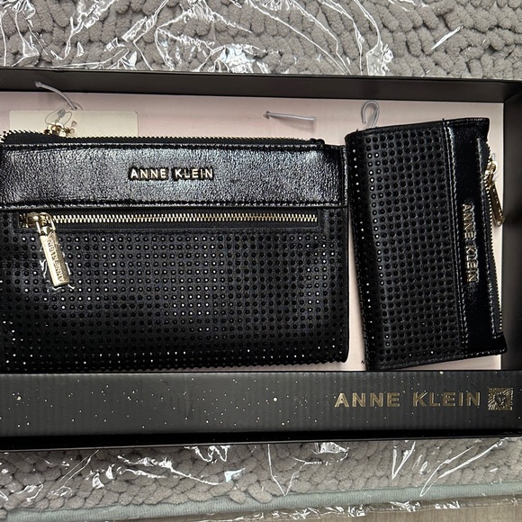 Anne Klein Accessories - Anne Klein Black Perforated Clutch and Wallet Set